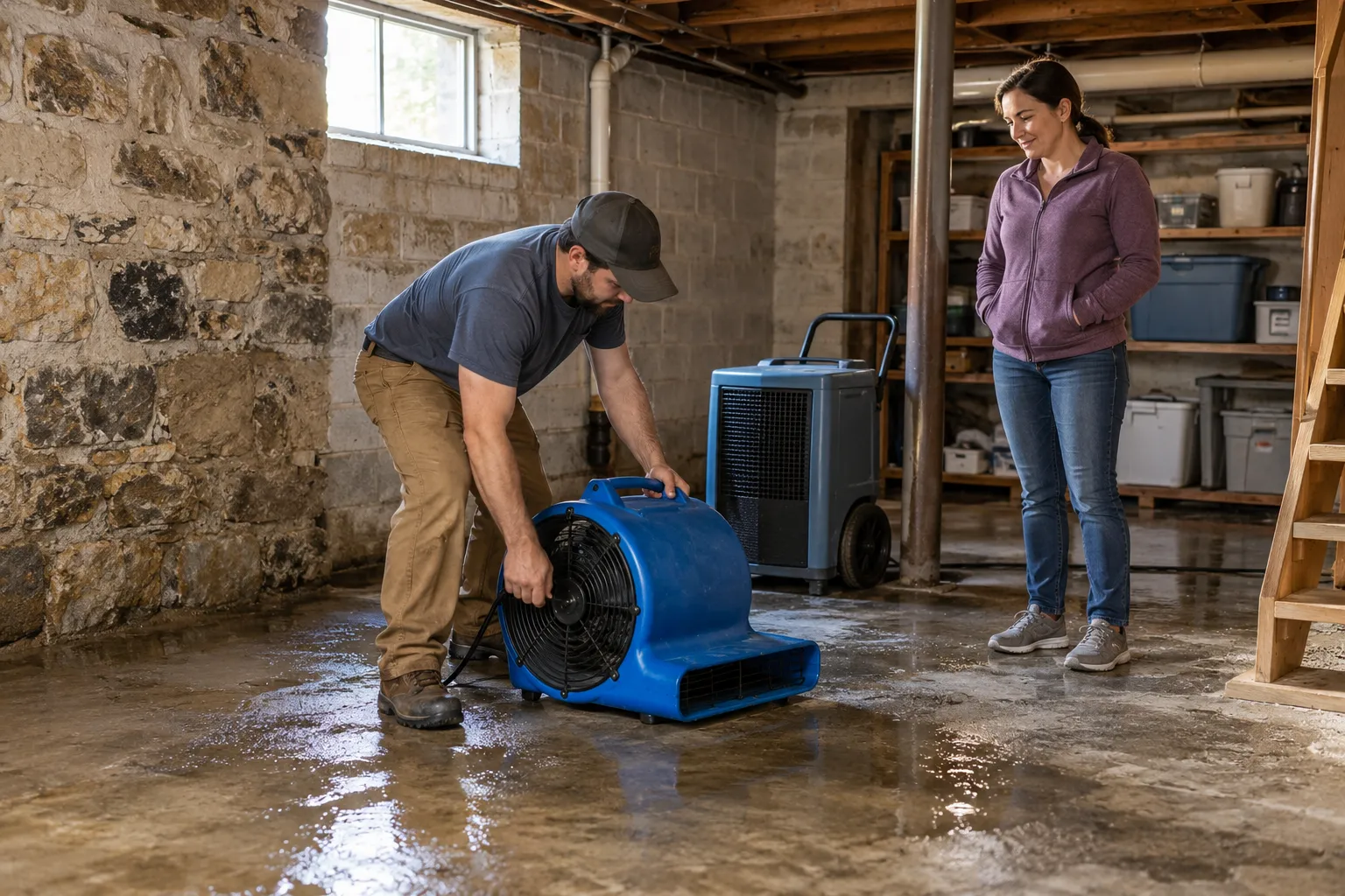 Water damage restoration technician drying a flooded living room in New York